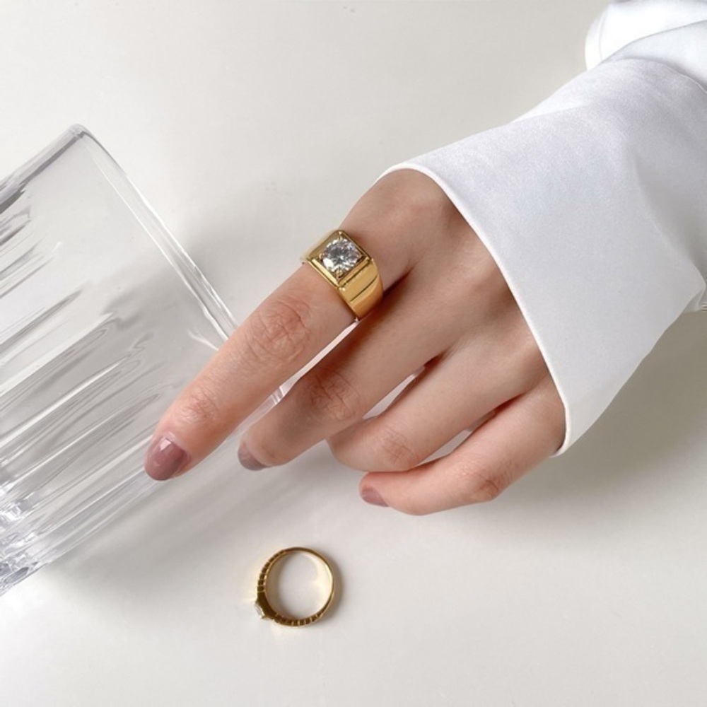 18k Gold Plated Thick Signet Ring with Cubic Zirconia